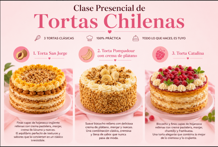 CLASE PRESENCIAL DE TORTAS CLÁSICAS CHILENAS 2 Torta Pompadour, Torta Catalina y Torta San Jorge - Imagen 2