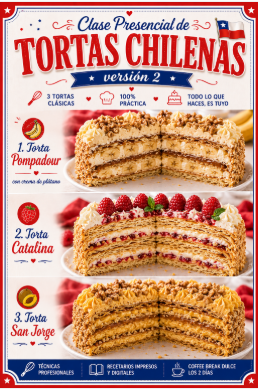 CLASE PRESENCIAL DE TORTAS CLÁSICAS CHILENAS 2 Torta Pompadour, Torta Catalina y Torta San Jorge